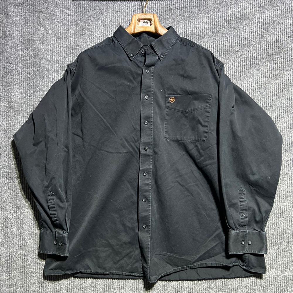 Ariat Button Down Shirt Mens XXL Black Long Sleeve Logo Pocket Cotton Twill Work